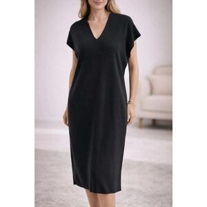 Peruvian Connection Thebes Dress Black Womens L Pima Cotton VNeck 90s Minimalist